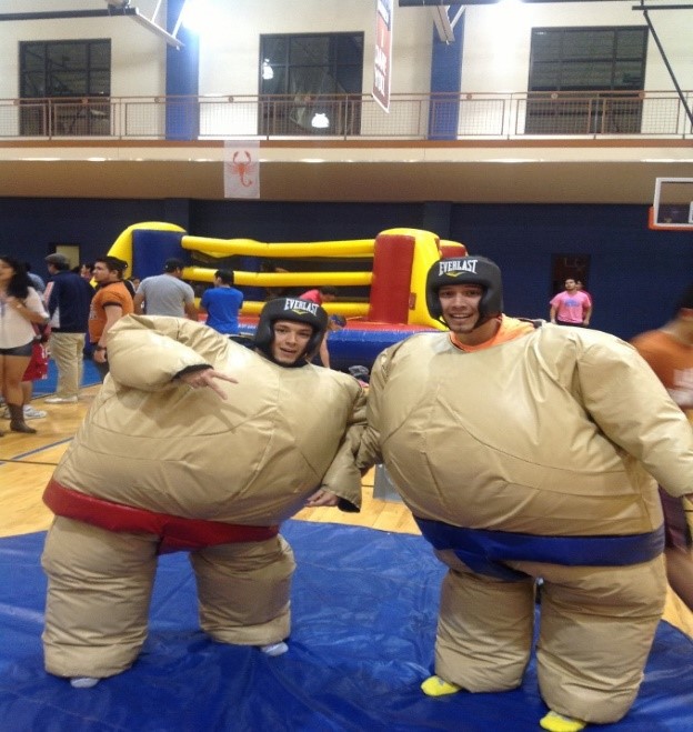 Student sumo wrestling during Late Night at the Rec. 