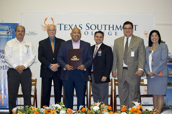 In partnership with the Brownsville Independent School District, Brownsville Economic Development Council, Workforce Training Cameron, Texas Southmost College hosted the Heavy Metal Tour and Manufacturing Expo on April 27, 2017 at the TSC ITEC Center in Brownsville, Texas. From left, BEDC Interim President Jose Herrera, Workforce Solutions Executive Director Pat Hobbs, City of Brownsville Assistant City Manager Michael Lopez, TSC Vice President of Student Services and Director of Admissions Alejandro Salinas, BISD Career and Technical Education Interim Administrator Adrian Dorsett and TSC Vice President of Institutional Advancement and Workforce Training Melinda Rodriguez.