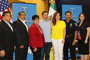 From left, Mexico Deputy Consul Sergio E. Jacobo Patiño, City of Brownsville Public Health Director Arturo RodrÃguez, TSC President Lily F. Tercero, Ph.D., Raúl Alcalá, Mercedes Alcalá, City of Brownsville Police Chief Orlando RodrÃguez, City of Brownsville Wellness Manager Kendra Stine during the news conference on Aug. 12, 2015 at the TSC ITECC in Brownsville.