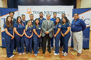 TSC President JesÃºs Roberto RodrÃ­guez (center) with Respiratory Care program students and Respiratory Care Instructor Alberto Vasquez during Breakfast with the President at the collegeâ€™s ITEC Center Sept. 25, 2019.