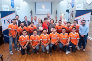 The TSC Board of Trustees were presented with commemorative soccer balls signed by the members of last yearâ€™s championship TSC Menâ€™s Soccer Club during the regular meeting on Aug. 22, 2019 at the TSC Gorgas Hall Board Room. The trustees recognized the clubâ€™s newest players prior to the start of the upcoming season.