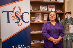 Veteran and TSC student Maria Osorio at the TSC Veterans and Military Services office located on the first floor of the Oliveira Student Services Center.
