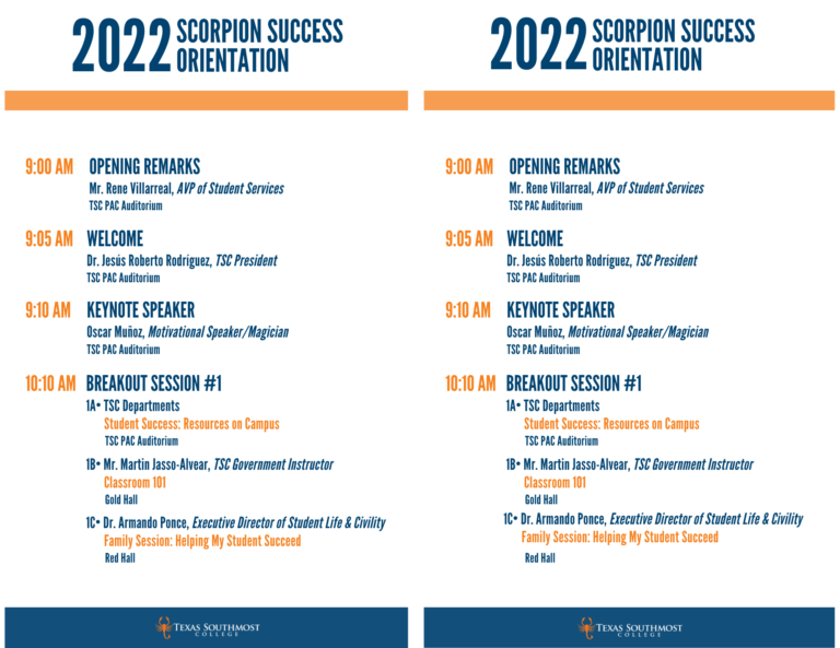 TSC Fall 2022 Orientation Agenda, Saturday August 20, 2022