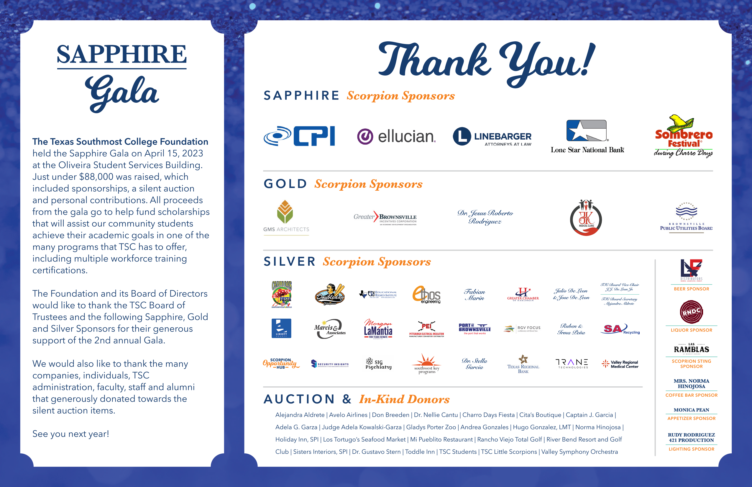 Thank You Sapphire Gala Sponsors for supporting Texas Southmost College Students.