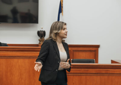 Diana S. Martin, a TSC Criminal Justice student acting as a prosecutor, cross-examines Irma Campo, who plays the defendant, during a mock trial at the newly opened TSC Legal Center Courtroom at Texas Southmost College on April 24, 2024.