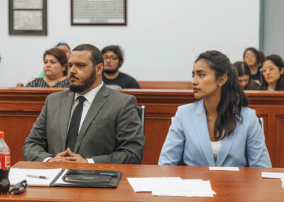 Juan Lopez, playing a defense attorney, responds to questions during a mock trial for defendant Irma Ocampo at the newly opened TSC Legal Center Courtroom in Brownsville, Texas, on April 24, 2024.