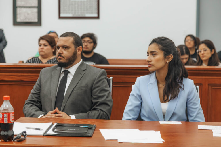 Juan Lopez, playing a defense attorney, responds to questions during a mock trial for defendant Irma Ocampo at the newly opened TSC Legal Center Courtroom in Brownsville, Texas, on April 24, 2024.