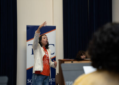 TSC Music Program Administrator and Director of Mariachi Escorpion, Avigai Gonzalez, demonstrates vocal dynamics for Mariachi Summer Camp students.