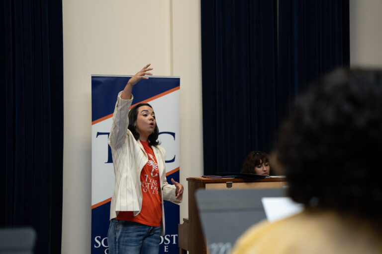 TSC Music Program Administrator and Director of Mariachi Escorpion, Avigai Gonzalez, demonstrates vocal dynamics for Mariachi Summer Camp students.
