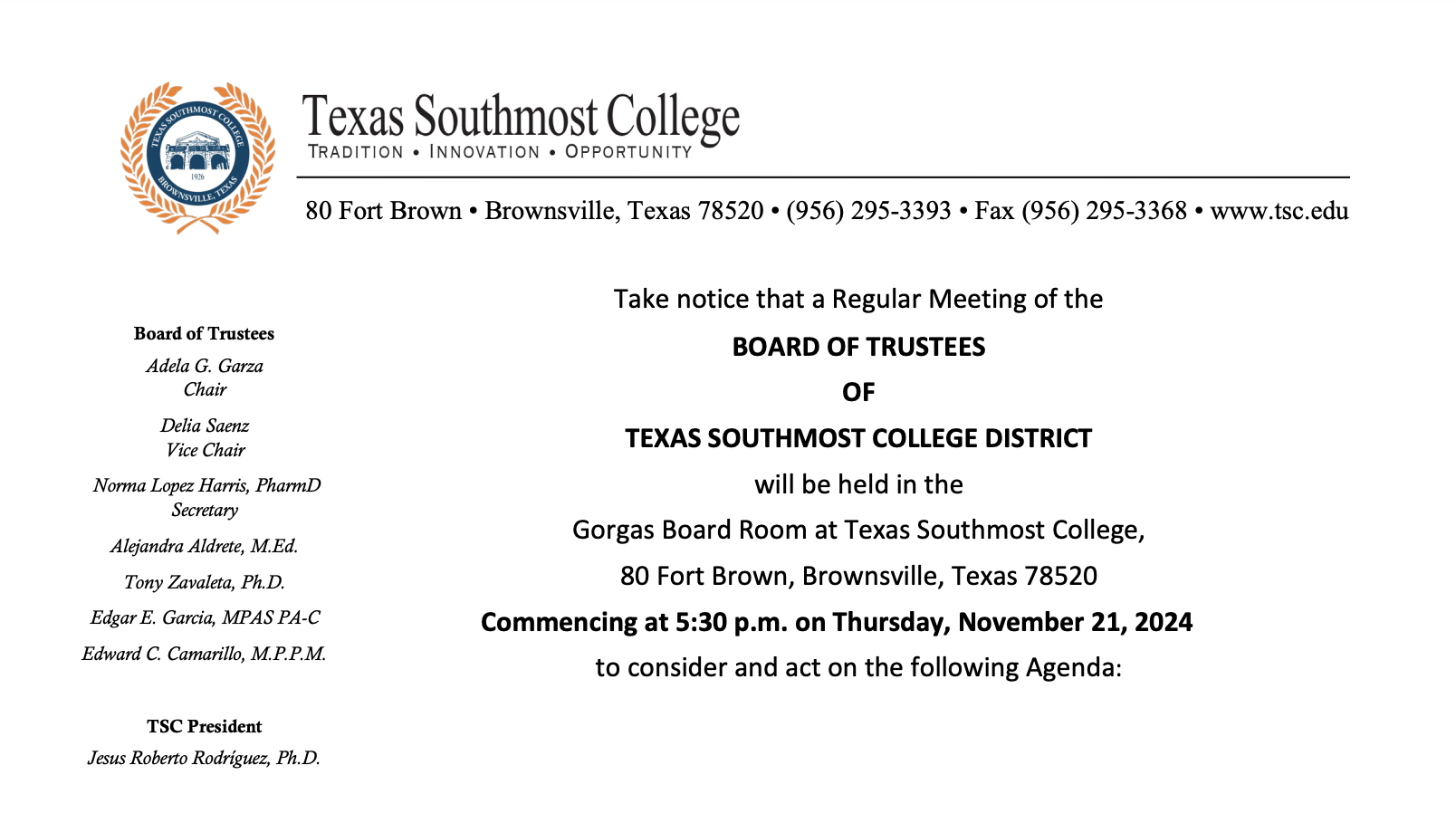 TSC Regular Board Meeting