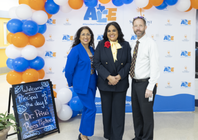 Dr. Prcisi Roca Tipton poses for a photo with Besteiro Middle School Principal Teresa Nuñez and Assistant Principal Doug Tolman as part of Principal for a Day on Thursday, February 6. 2025.