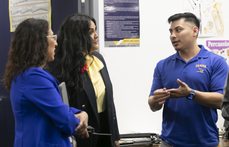 Dr. Prisci Roca Tipton, Director of Special Instructional Projects at Texas Southmost College, visits with staff at Besteiro Middle School as part of Principal for a Day on Thursday, February 6. 2025.