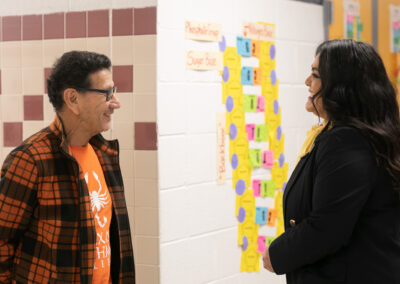 Dr. Prisci Roca Tipton, Director of Special Instructional Projects at Texas Southmost College, visits with staff at Besteiro Middle School as part of Principal for a Day on Thursday, February 6. 2025.