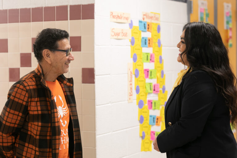 Dr. Prisci Roca Tipton, Director of Special Instructional Projects at Texas Southmost College, visits with staff at Besteiro Middle School as part of Principal for a Day on Thursday, February 6. 2025.