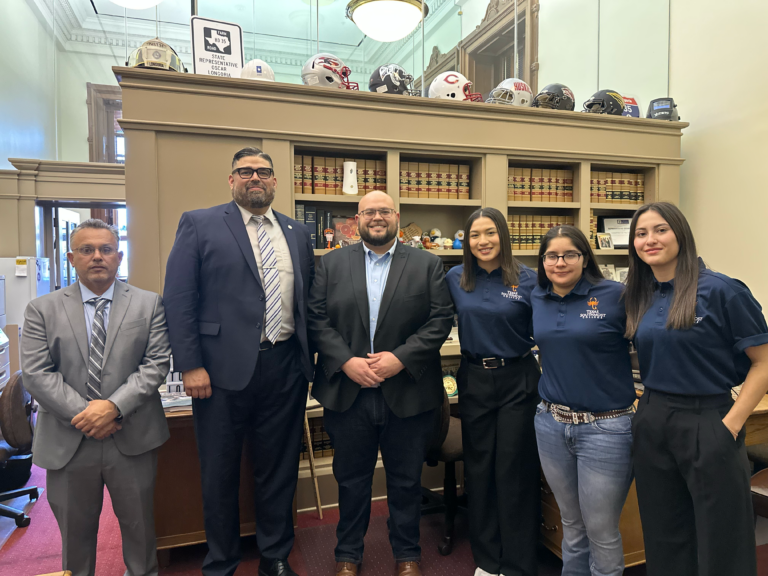 L to R: TSC Student Life Coordinator Jose Peña ,TSC Executive Director of Athletics and Civility Dr. Armando Ponce, Texas State Representative Oscar Longoria, R-District 35, and TSC student leaders and athletes Ashanti Roman, Alessandra Aldape, and Kyra Perez capture the spirit of advocacy and community on Feb. 3, 2025, in Austin, Texas.