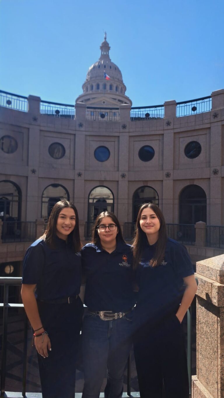 TSC student leaders and athletes Ashanti Roman , Alessandra Aldape and Kyra Perez capture the spirit of advocacy and community on Feb. 3, 2025, in Austin, Texas. The group shares a moment before heading into meetings with legislators.