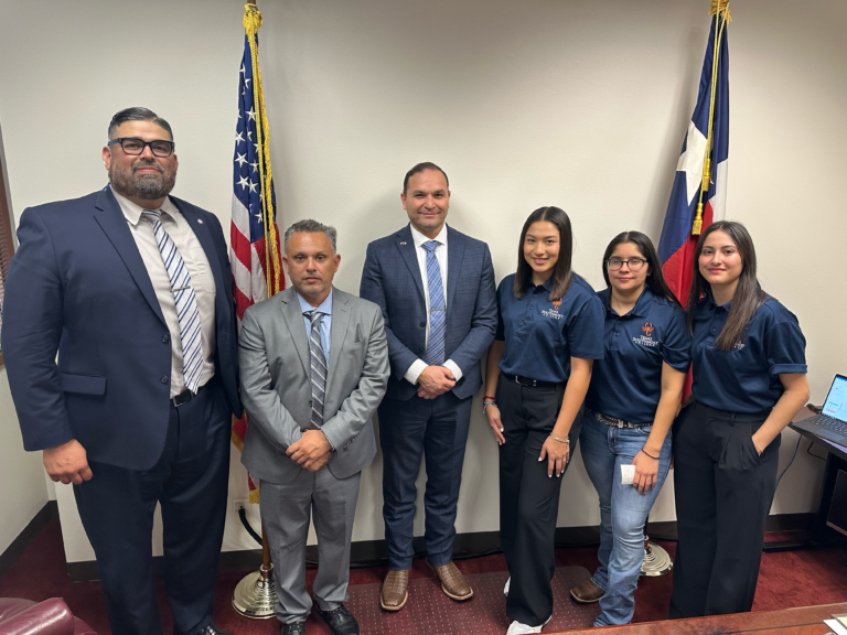 L to R: TSC Executive Director of Athletics and Civility Dr. Armando Ponce, TSC Student Life Coordinator Jose Peña, Texas State Senator Adam Hinojosa, R-District 37, and TSC student leaders and athletes Ashanti Roman, Alessandra Aldape, and Kyra Perez capture the spirit of advocacy and community on Feb. 3, 2025, in Austin, Texas.