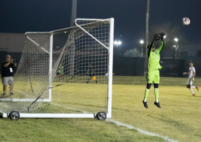 Texas Southmost College and IDEA Toros face off in a competitive friendly scrimmage at TSC Scorpion Field on Wednesday, March 13, 2025. The Scorpions secured the win with a decisive second-half free kick. TSC midfielder Martin Gonzalez (#41) scores the winning goal on a free kick during the second half of a scrimmage.