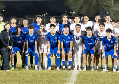 Texas Southmost College and IDEA Toros face off in a competitive friendly scrimmage at TSC Scorpion Field on Wednesday, March 13, 2025. The Scorpions secured the win with a decisive second-half free kick. TSC midfielder Martin Gonzalez (#41) scores the winning goal on a free kick during the second half of a scrimmage.