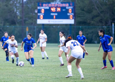 Texas Southmost College players compete during a friendly match against Classic Elite, a club team, Thursday night, April 3, at Scorpion Soccer Field in Brownsville. The Scorpions took an early lead but fell 3–1 as they continue preparing for the upcoming fall season.