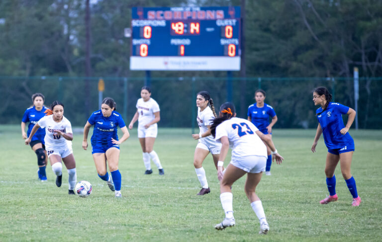 Texas Southmost College players compete during a friendly match against Classic Elite, a club team, Thursday night, April 3, at Scorpion Soccer Field in Brownsville. The Scorpions took an early lead but fell 3–1 as they continue preparing for the upcoming fall season.
