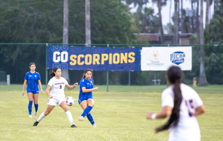Texas Southmost College players compete during a friendly match against Classic Elite, a club team, Thursday night, April 3, at Scorpion Soccer Field in Brownsville. The Scorpions took an early lead but fell 3–1 as they continue preparing for the upcoming fall season.