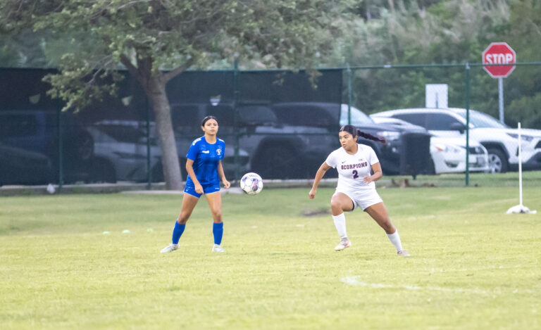Texas Southmost College players compete during a friendly match against Classic Elite, a club team, Thursday night, April 3, at Scorpion Soccer Field in Brownsville. The Scorpions took an early lead but fell 3–1 as they continue preparing for the upcoming fall season.