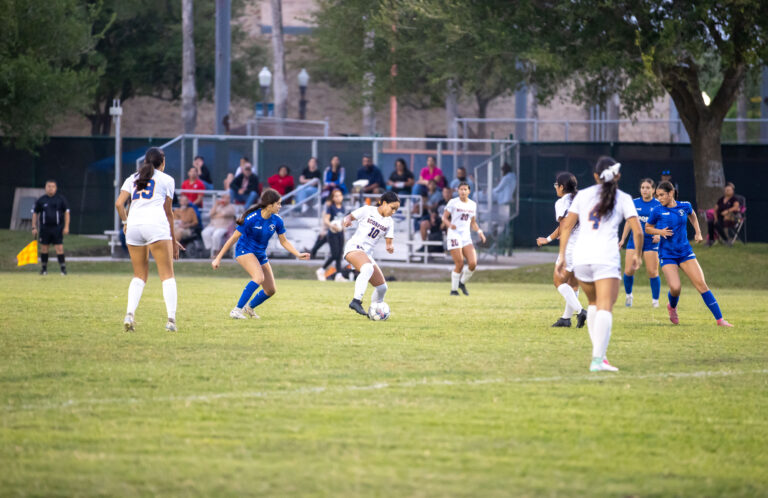 Texas Southmost College players compete during a friendly match against Classic Elite, a club team, Thursday night, April 3, at Scorpion Soccer Field in Brownsville. The Scorpions took an early lead but fell 3–1 as they continue preparing for the upcoming fall season.
