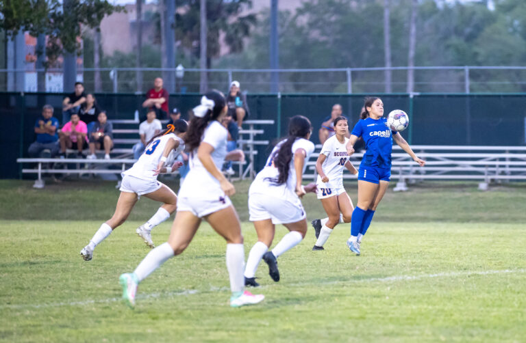Texas Southmost College players compete during a friendly match against Classic Elite, a club team, Thursday night, April 3, at Scorpion Soccer Field in Brownsville. The Scorpions took an early lead but fell 3–1 as they continue preparing for the upcoming fall season.