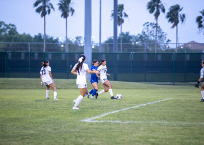Texas Southmost College players compete during a friendly match against Classic Elite, a club team, Thursday night, April 3, at Scorpion Soccer Field in Brownsville. The Scorpions took an early lead but fell 3–1 as they continue preparing for the upcoming fall season.
