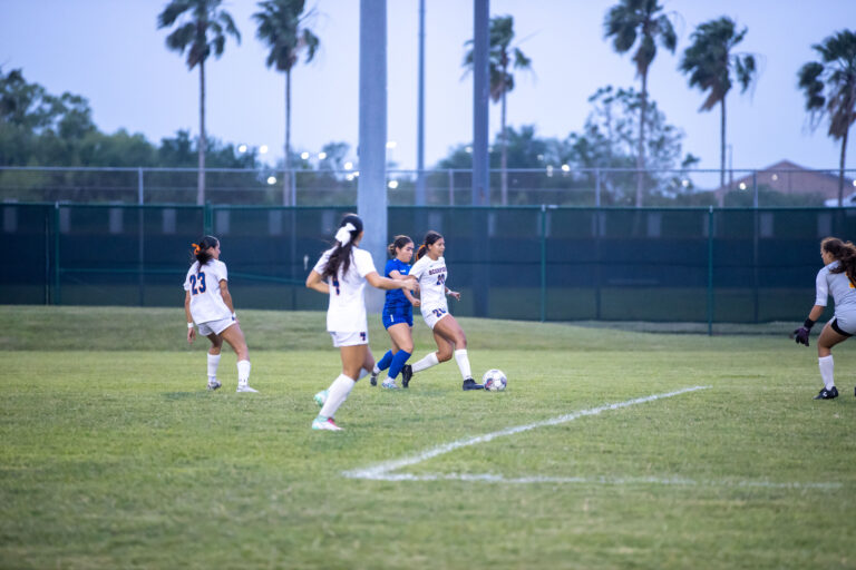 Texas Southmost College players compete during a friendly match against Classic Elite, a club team, Thursday night, April 3, at Scorpion Soccer Field in Brownsville. The Scorpions took an early lead but fell 3–1 as they continue preparing for the upcoming fall season.