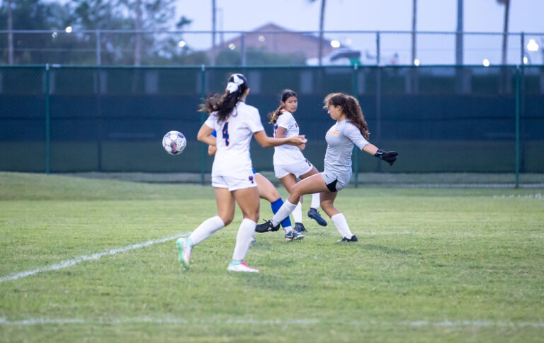 Texas Southmost College players compete during a friendly match against Classic Elite, a club team, Thursday night, April 3, at Scorpion Soccer Field in Brownsville. The Scorpions took an early lead but fell 3–1 as they continue preparing for the upcoming fall season.