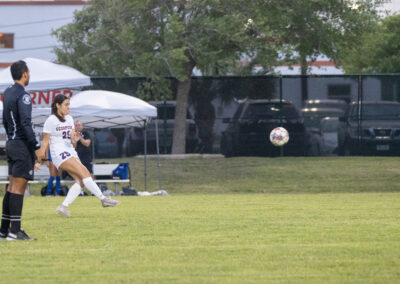 Midfielder Camila Gil scores on a free kick from outside the box during Texas Southmost College’s friendly against Classic Elite, a club team, Thursday night, April 3, at Scorpion Soccer Field in Brownsville..