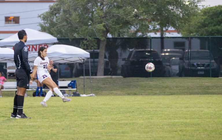 Midfielder Camila Gil scores on a free kick from outside the box during Texas Southmost College’s friendly against Classic Elite, a club team, Thursday night, April 3, at Scorpion Soccer Field in Brownsville..