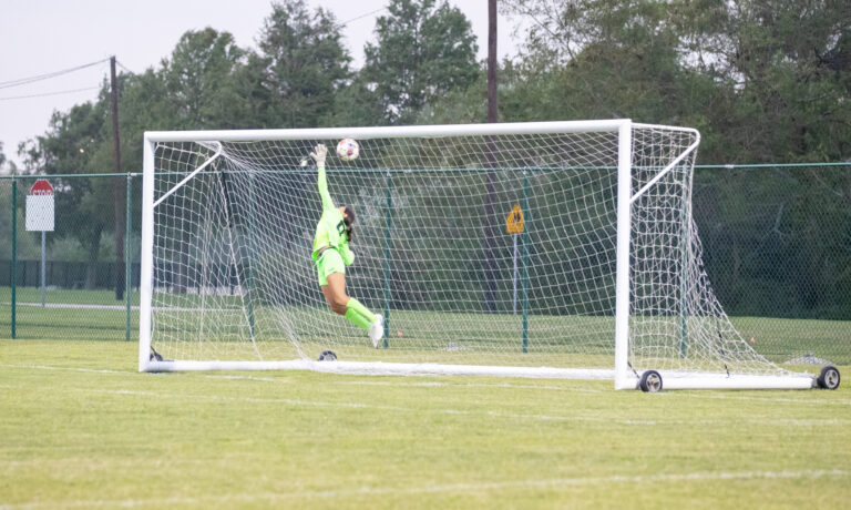 Midfielder Camila Gil scores on a free kick from outside the box during Texas Southmost College’s friendly against Classic Elite, a club team, Thursday night, April 3, at Scorpion Soccer Field in Brownsville..