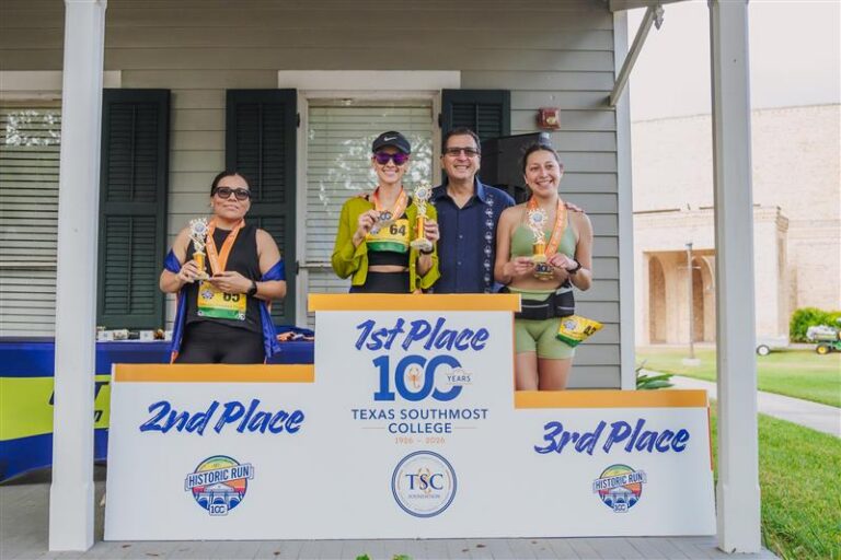 TSC President Dr. Jesus Roberto Rodriguez joins the top three female finishers of the TSC Half Marathon. Denise Nuñez (wearing visor) won with a time of 1:57.28. 2026-03-28 Historic Run DSC_1043 (1).jpg