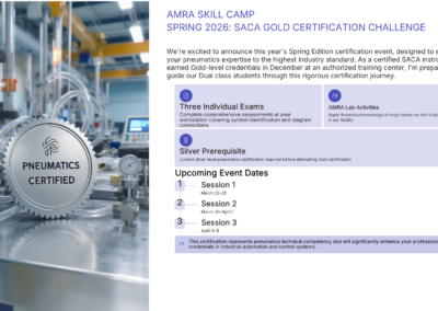 A promotional graphic highlights Texas Southmost College’s Spring 2026 AMRA Skills Camp, where students will complete hands-on lab activities and a series of exams to earn the SACA Gold Certification in Pneumatics.