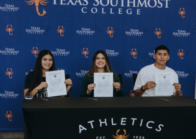 Texas Southmost College soccer players America Valdez, Camila Minez and Kenneth Reyes announced they will continue their playing careers at Texas A&M University-San Antonio at a ceremony held at the Oliveira Student Services Center on May 19, 2026.