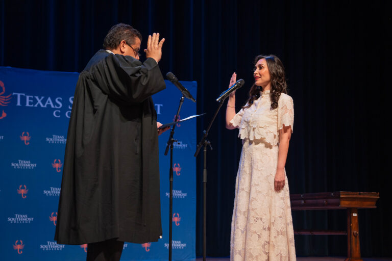 Texas Southmost College Board Trustee Alejandra Aldrete (Place 2) is sworn in during a special meeting held June 22, 2026, at the Jacob Brown Auditorium.