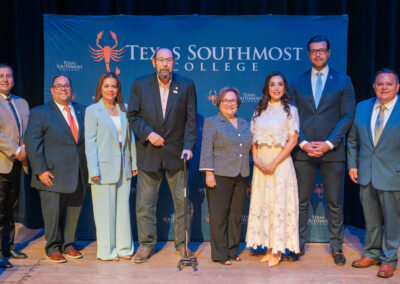 Texas Southmost College President Dr. Jesús Roberto Rodríguez poses with the Board of Trustees during a special meeting held June 22, 2026.