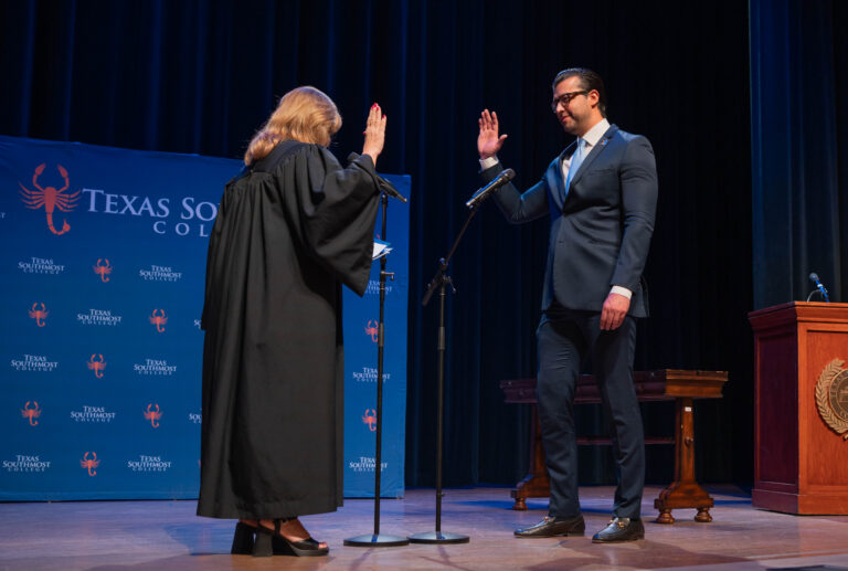 Texas Southmost College Board Trustee Edgar Garcia (Place 5) is sworn in during a special meeting held June 22, 2026, at the Jacob Brown Auditorium.