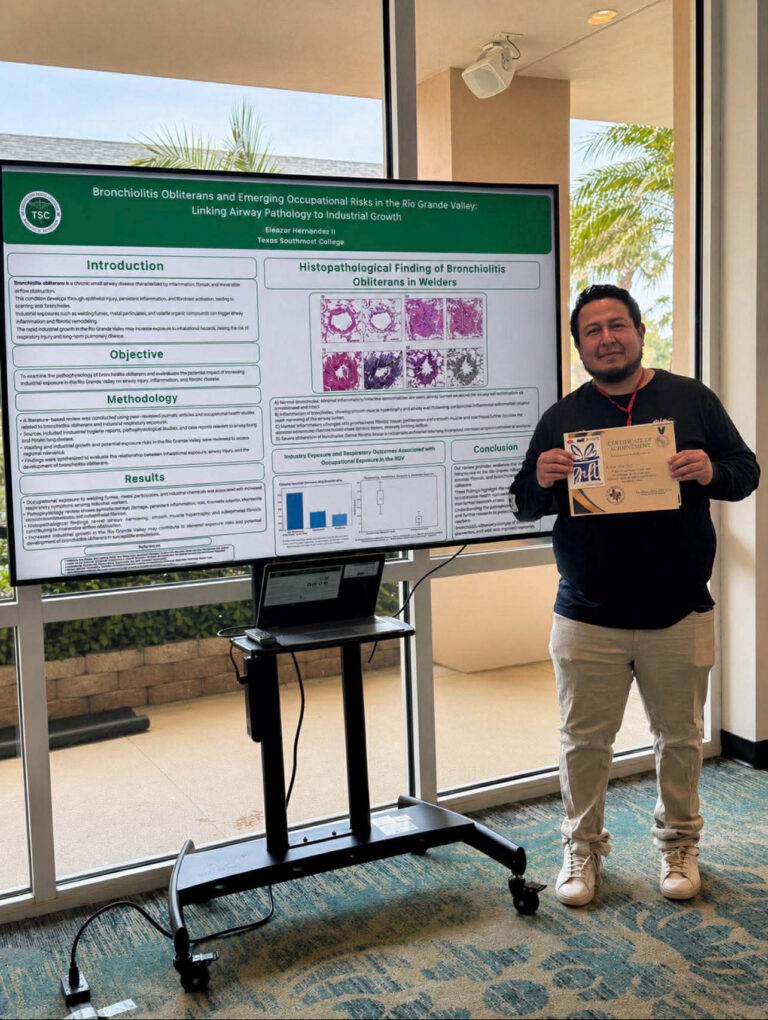 Eleazar Hernandez, a student in the Texas Southmost College (TSC) Respiratory Care program, earned second-place honors at the Texas Society for Respiratory Care South Region South Padre Island Symposium for his presentation of scholarly work focused on airway diseases.