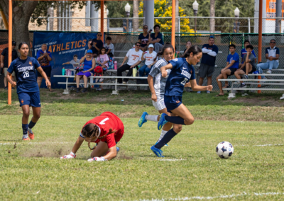 Texas Southmost College’s Jessenia Ibarra (23) advances toward the goal after getting past the Northeast Texas Community College goalkeeper before scoring the game-winning goal in the Scorpions’ 2-1 victory at TSC Scorpion Soccer Field in Brownsville, Texas.