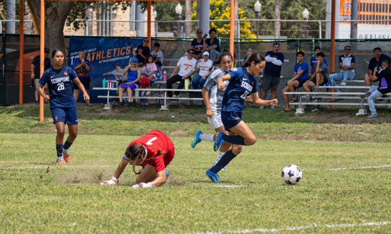 Texas Southmost College’s Jessenia Ibarra (23) advances toward the goal after getting past the Northeast Texas Community College goalkeeper before scoring the game-winning goal in the Scorpions’ 2-1 victory at TSC Scorpion Soccer Field in Brownsville, Texas.