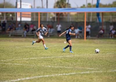 Texas Southmost College’s Jessenia Ibarra (23) advances toward the goal after getting past the Northeast Texas Community College goalkeeper before scoring the game-winning goal in the Scorpions’ 2-1 victory at TSC Scorpion Soccer Field in Brownsville, Texas.