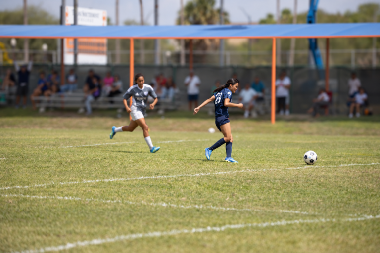 Texas Southmost College’s Jessenia Ibarra (23) advances toward the goal after getting past the Northeast Texas Community College goalkeeper before scoring the game-winning goal in the Scorpions’ 2-1 victory at TSC Scorpion Soccer Field in Brownsville, Texas.