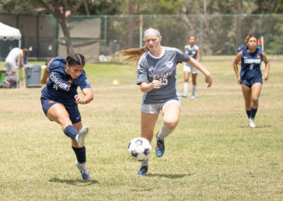 Texas Southmost College’s Mia Saenz (8) moves the ball past a Northeast Texas Community College defender during the Scorpions’ 2-1 victory at TSC Scorpion Soccer Field in Brownsville, Texas. Saenz scored the opening goal for TSC.