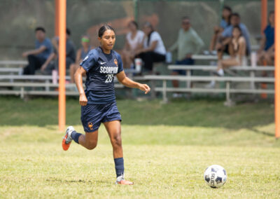 Texas Southmost College’s Abril Martinez (28) advances the ball during the Scorpions’ 2-1 victory over Northeast Texas Community College at TSC Scorpion Soccer Field in Brownsville, Texas. Martinez assisted on both TSC goals.