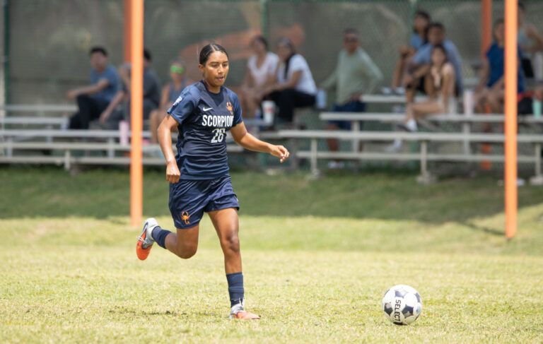 Texas Southmost College’s Abril Martinez (28) advances the ball during the Scorpions’ 2-1 victory over Northeast Texas Community College at TSC Scorpion Soccer Field in Brownsville, Texas. Martinez assisted on both TSC goals.
