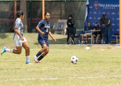 Texas Southmost College’s Abril Martinez (28) advances the ball during the Scorpions’ 2-1 victory over Northeast Texas Community College at TSC Scorpion Soccer Field in Brownsville, Texas. Martinez assisted on both TSC goals.